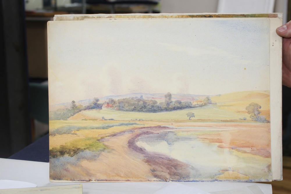 Brook A.W.Harrison (1860-1930) six watercolours, Sheep shearing Little Buckingham and other scenes local to Shoreham by Sea